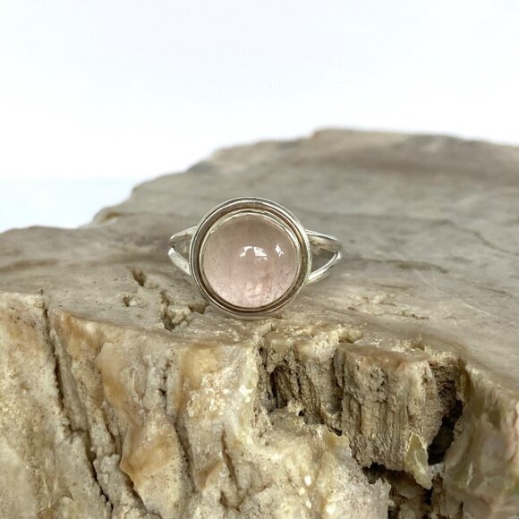 Sterling Silver 925 Round Pink Rose Quartz Cabochon Split Shank Ring Size 8.5 - Picture 4 of 16